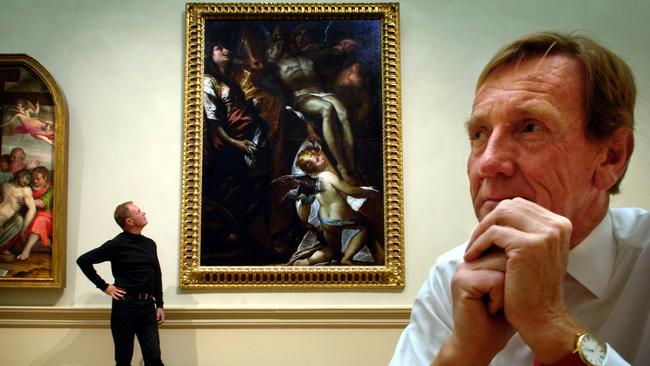 Then AGNSW director Edmond Capon (white shirt) with curator Richard Beresford with the newly acquired Procaccini's The Lowering of the Cross, 2005.