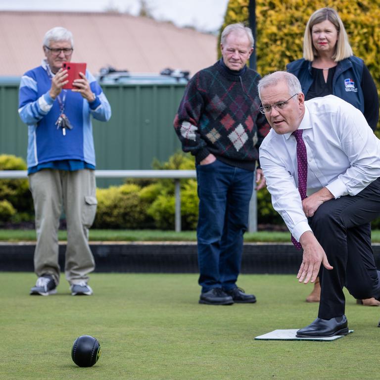 Scott Morrison with Bruce Howard, 81. Picture: Jason Edwards