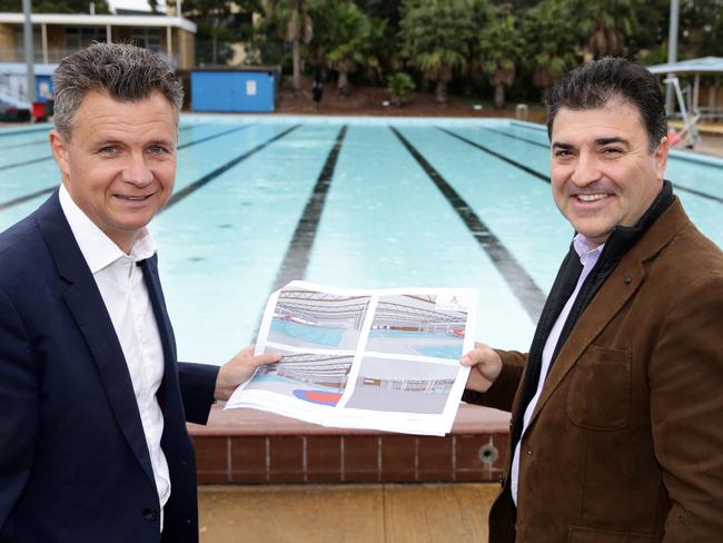 Matt Thistlethwaite MP said the Labor Party had pledged $10 million to keep Botany Aquatic Centre open all year right, a promise that Botany’s deputy mayor Stan Kondilios said the council would match. Picture: Craig Wilson