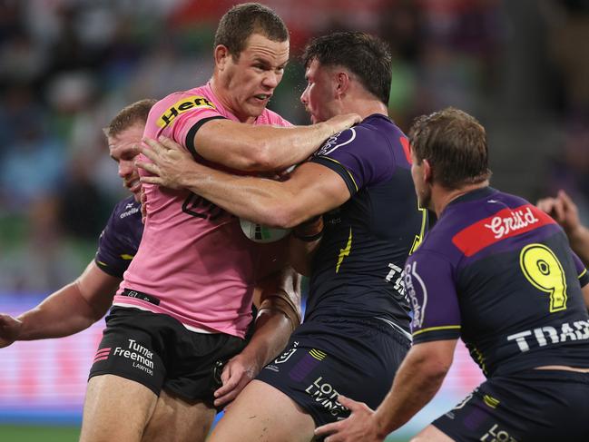 Liam Henry went toe to toe with the Storm’s imposing pack. Picture: Daniel Pockett/Getty Images