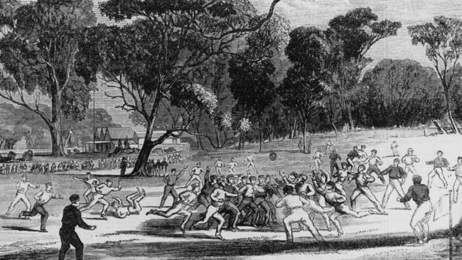 An early game of Australian rules played at Richmond Paddock.