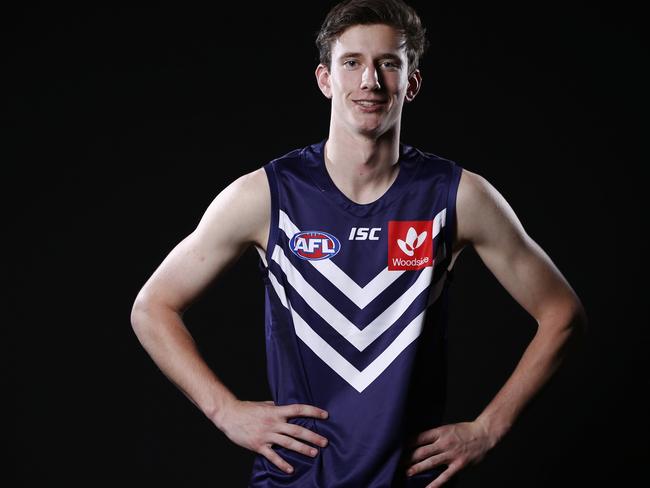 Sam Sturt in Fremantle colours after the AFL national draft.