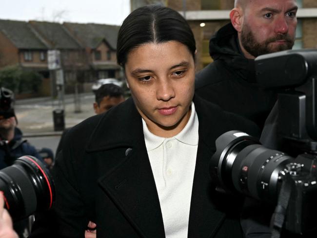 Chelsea's Australian striker Sam Kerr arrives at Kingston Crown Court in south London on February 11, 2025. Prosecutors in the trial of Kerr, who called a police officer "stupid and white", have asked the jury if perceptions would be different had she said "stupid and black". The Australia captain is on trial charged with causing racially aggravated harassment, which she denies, to police constable Stephen Lovell during an incident in southwest London in the early hours of January 30, 2023. (Photo by JUSTIN TALLIS / AFP)