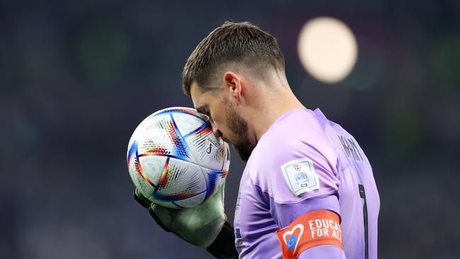 Mathew Ryan of Australia shows dejection after the 1-2 defeat in the FIFA World Cup Qatar 2022 Round of 16 match between Argentina and Australia. (Photo by Michael Steele/Getty Images)