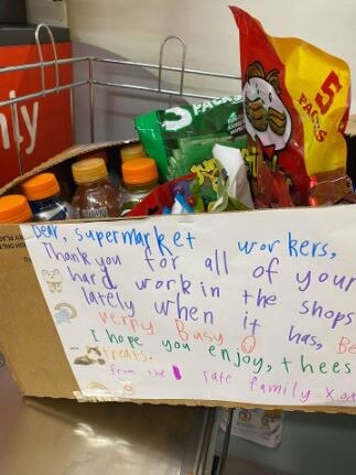 A hand written thank-you was the finishing touch to a gratitude  box the Tate family made for supermarket staff. #spreadingkindness.