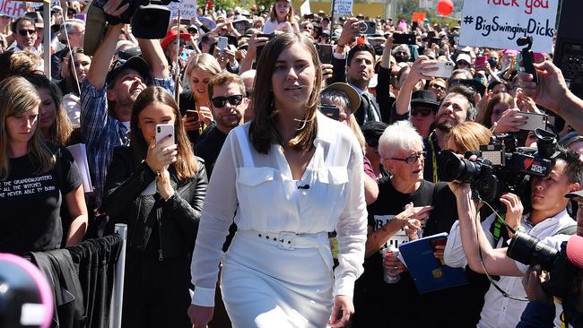 Brittany Higgins marches on Parliament House in a day of nationwide protest. Picture: Getty