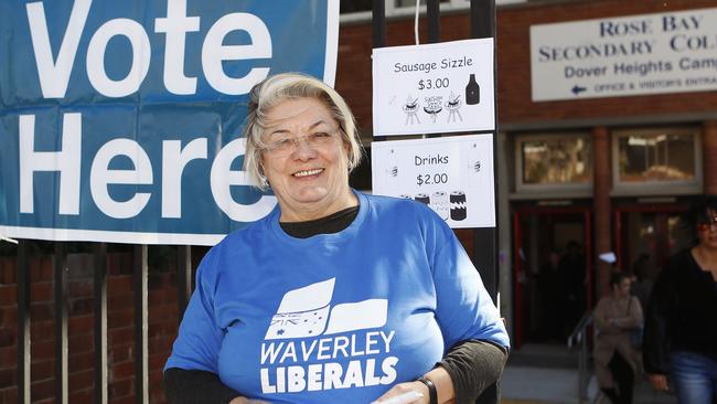 Waverley councillor Sally Betts hands out how-to-vote pamphlets at the 2017 elections. Picture: AAP Image