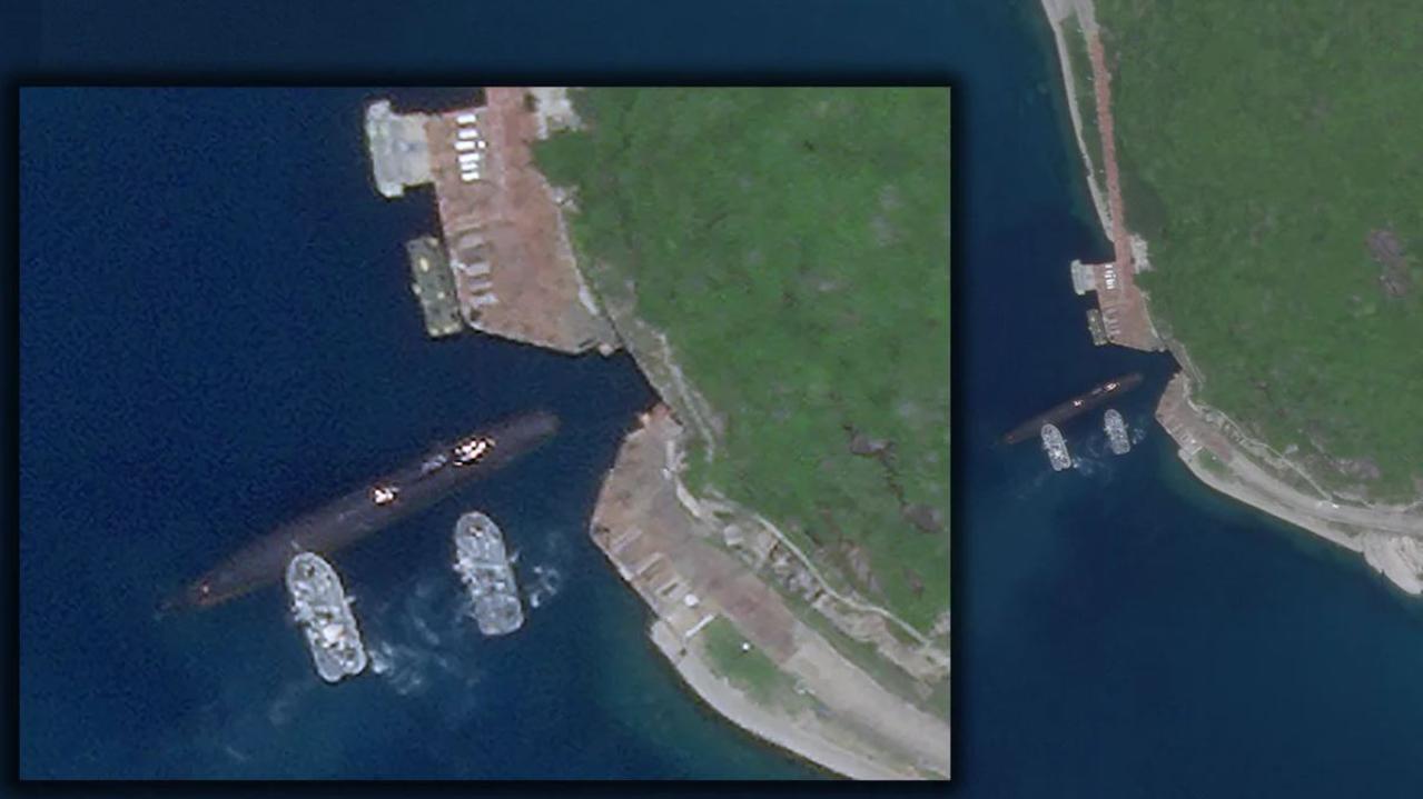A satellite photo shows a submarine entering the mysterious cave on Hainan Island. Picture: Planet Labs