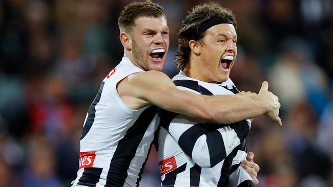 ADELAIDE, AUSTRALIA - APRIL 16: Jack Ginnivan of the Magpies celebrates a goal with Taylor Adams during the 2023 AFL Round 05 match between the Collingwood Magpies and the St Kilda Saints at Adelaide Oval on April 16, 2023 in Adelaide, Australia. (Photo by Dylan Burns/AFL Photos via Getty Images)