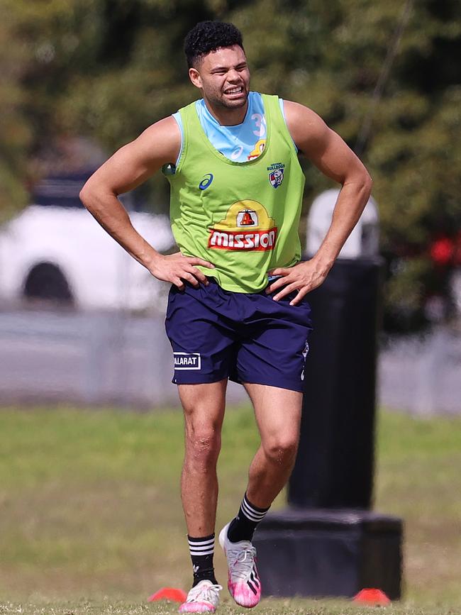 Jason Johannisen limps off after suffering an ankle injury at training. Picture: Michael Klein