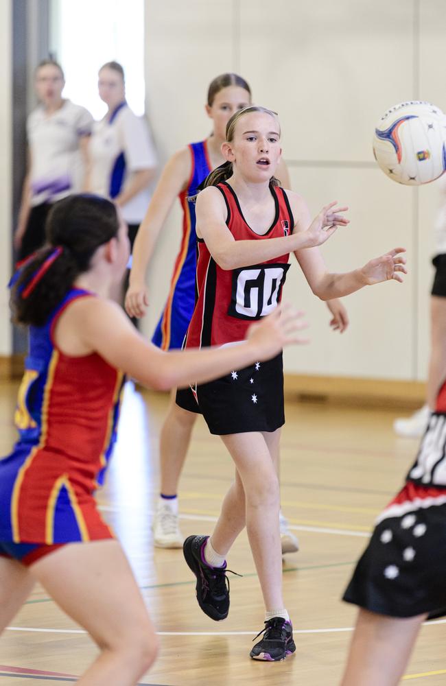 Pippa Smith of Our Lady of the Southern Cross College, Dalby in the Laura Geitz Cup netball carnival at The Glennie School, Sunday, March 16, 2025. Picture: Kevin Farmer