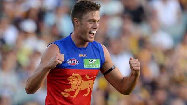 SPORT - AFL Round 1, West Coast Eagles vs Brisband Lions, Subiaco Oval, Perth. Photo by Daniel Wilkins. PICTURED- Brisbane's Josh Schache celebrates a goal in the first term