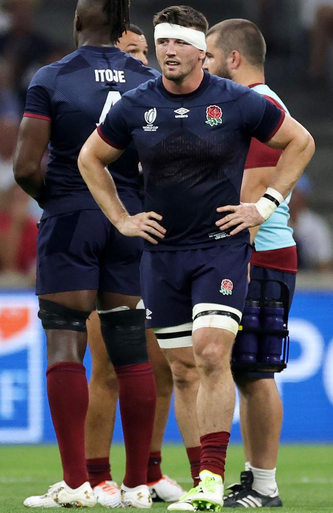 England’s Tom Curry reacts after being shown a yellow card, which was then upgraded to a red following a TMO review. Picture: David Rogers/Getty Images