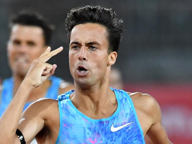 Luke Mathews of Victoria reacts as he wins the final of the men's 800 metres during day three of the Australian Athletics Championships at Carrara Stadium on the Gold Coast, Saturday, February 17, 2018. (AAP Image/Darren England) NO ARCHIVING, EDITORIAL USE ONLY