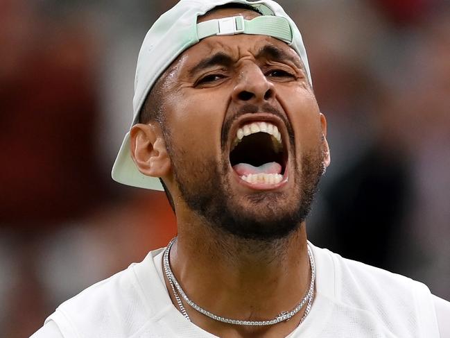 LONDON, ENGLAND - JULY 02: Nick Kyrgios of Australia celebrates winning against Stefanos Tsitsipas of Greece during their Men's Singles Third Round match on day six of The Championships Wimbledon 2022 at All England Lawn Tennis and Croquet Club on July 02, 2022 in London, England. (Photo by Shaun Botterill/Getty Images)