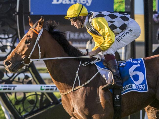 Jockey Hugh Bowman riding Clearly Innocent(6) wins the Group 1 Darley Kingsford-Smith Cup during the Darley Kingsford Smith Cup Day, formerly BTC Cup Day, at Eagle Farm Racecourse in Brisbane, Saturday, May 27, 2017. (AAP Image/Glenn Hunt) NO ARCHIVING, EDITORIAL USE ONLY