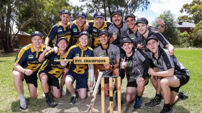 Vermont BYC was formed by  a group of 12 friends from the Camberwell area who have been playing backyard cricket together for over 8 years now. The Badgers ( yellow ) Dan Ryan , Matt Sevior , Ned Coghlan , Lewis Neate , James White and Ben Gibson. The Pioneers ( Grey ) , Ben Riddle , Sean Bell , Kodey Logan , Sam Weideman , Tom Rennie and Dan Batten. Picture : Ian Currie