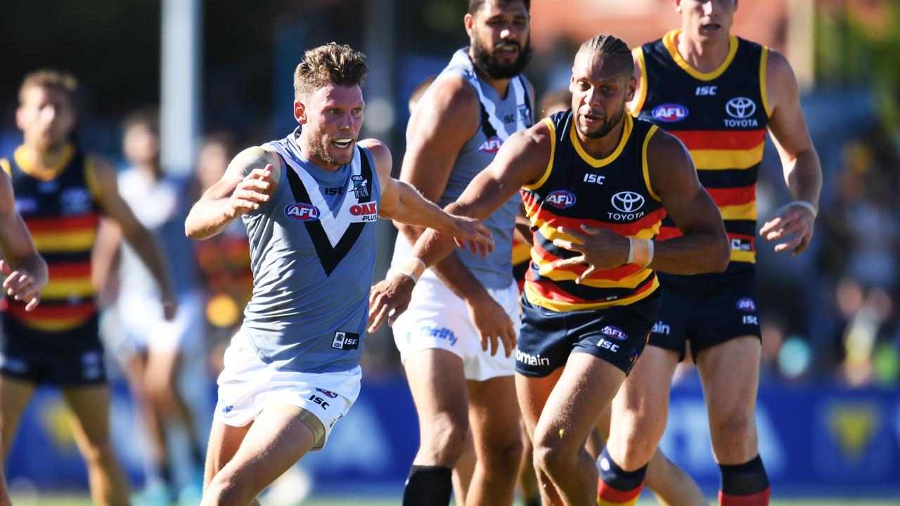 Port Adelaide and the Crows will play their 15th Summer Showdown on Saturday — this time in Port Pirie in 39C forcing the AFL to invoke its heat policy to protect the players … and raising new debate on the timing of AFL pre-season matches. Picture: Mark Brake