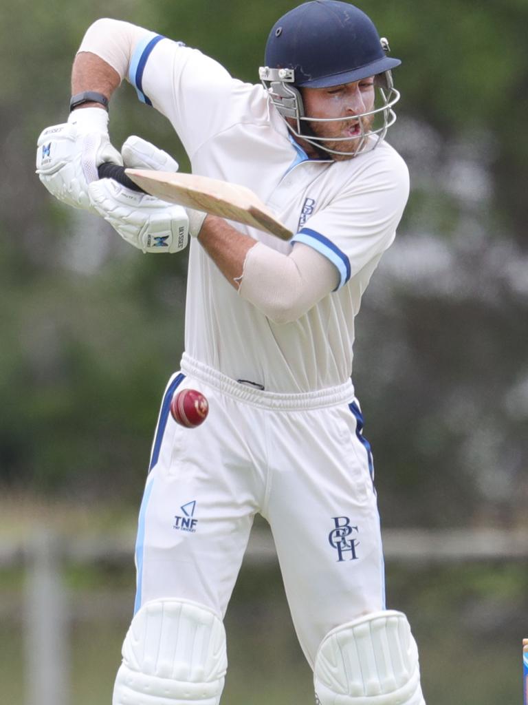 Barwon Heads batter Harry Melzer defends a steepling delivery. Picture: Mark Wilson