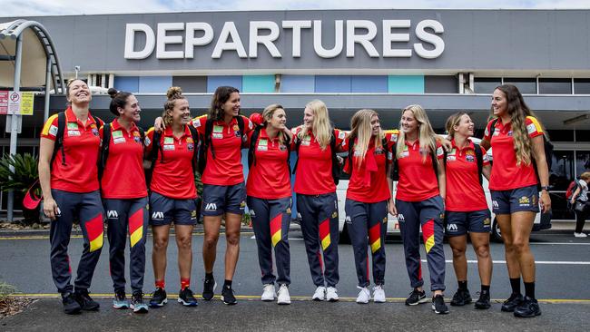 Suns AFLW team are playing their first game this weekend in Sydney. Suns AFLW debutants Jade Pregelj, Cheyenne Hammond, Molly Ritson, Lauren Ahrens, Jordann Hickey, Serene Watson, Kalinda Howarth, Dee Heslop, Kate Surman, and Lexi Hamilton at Gold Coast Airport, Coolangatta. Picture: Jerad Williams