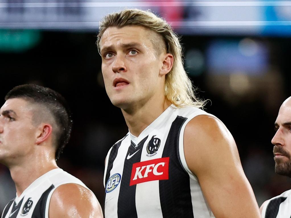 MELBOURNE, AUSTRALIA - MARCH 21: Darcy Moore of the Magpies looks dejected after a loss during the 2024 AFL Round 02 match between the St Kilda Saints and the Collingwood Magpies at the Melbourne Cricket Ground on March 21, 2024 in Melbourne, Australia. (Photo by Michael Willson/AFL Photos via Getty Images)