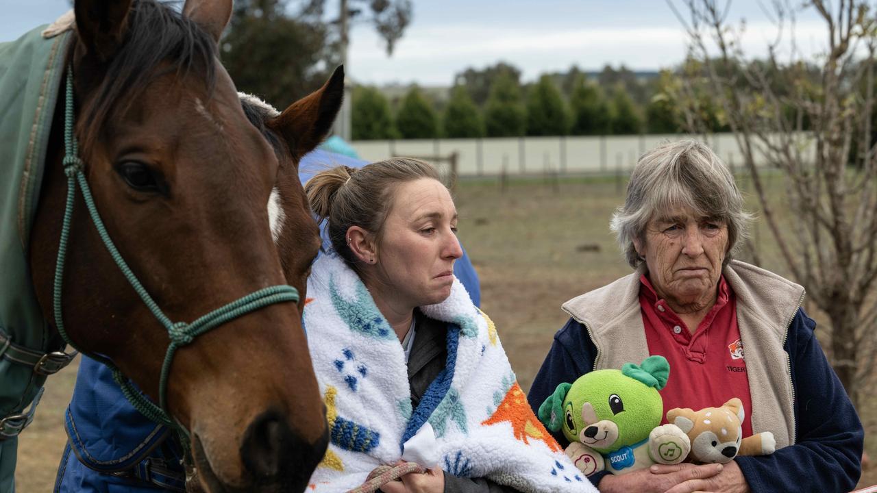 Mother Karin Huddle and Grandmother Sharon Huddle pictured with 2-year-old Luka Huddle’s stuffed toys and favourite horse. Picture: Brad Fleet