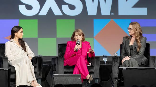 L-R: Meghan Markle, Katie Couric and Brooke Shields speak onstage at last year’s SXSW conference in Austin, Texas. Picture: Astrida Valigorsky/Getty