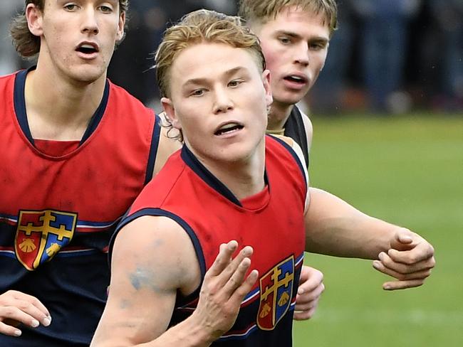 APS School Football - Boys: Round 9. Brighton Grammar v Haileybury at Crowther Oval, Brighton, Victoria, Saturday 20th July 2024. BG No 3 Levi Ashcroft, closest to camera. Photo: Andrew Batsch