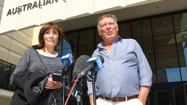 Elaine and David Waugh, parents of murdered Canberra man Eden Waugh, speak last year after the jailing of Peter Forster-Jones for more than 40 years. Picture: Kate Christian