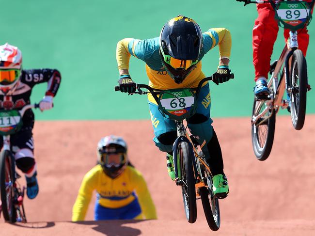Caroline Buchanan gets some practice in before the BMX seeding run at the Olympic BMX Centre in Deodoro. Picture: Adam Head