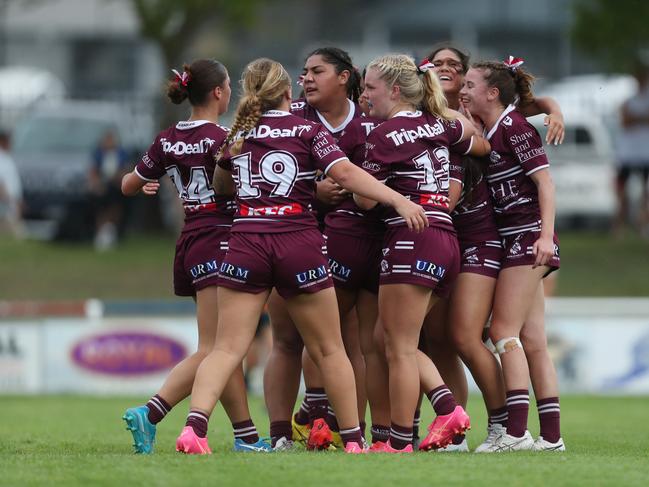 Manly celebrates a try. Picture: Sue Graham