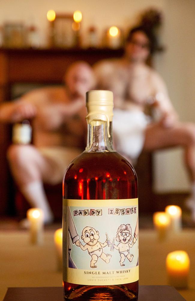 Jack Lark and Louis Duckett, sons of Tasmanian whisky royalty in Bill Lark and Tim Duckett, have launched their first whisky called 'Daddy Issues'. Picture: Ursula Holliday & Golding Creative
