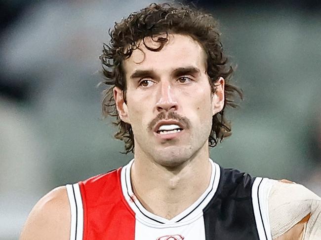 MELBOURNE, AUSTRALIA - MARCH 21: Max King of the Saints celebrates a goal during the 2024 AFL Round 02 match between the St Kilda Saints and the Collingwood Magpies at the Melbourne Cricket Ground on March 21, 2024 in Melbourne, Australia. (Photo by Michael Willson/AFL Photos via Getty Images)