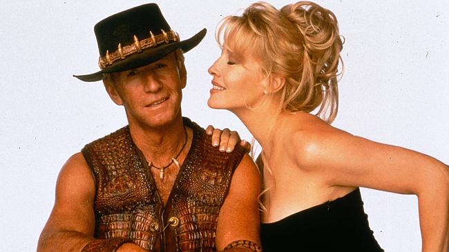 Paul Hogan and actress and ex-wife Linda Kozlowski in a shot for the Crocodile Dundee movie.