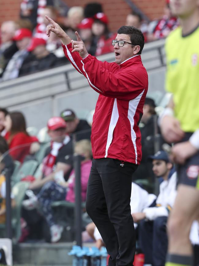 North Adelaide coach Josh Carr gives instructions from the boundary during Sunday’s clash. Picture Sarah Reed