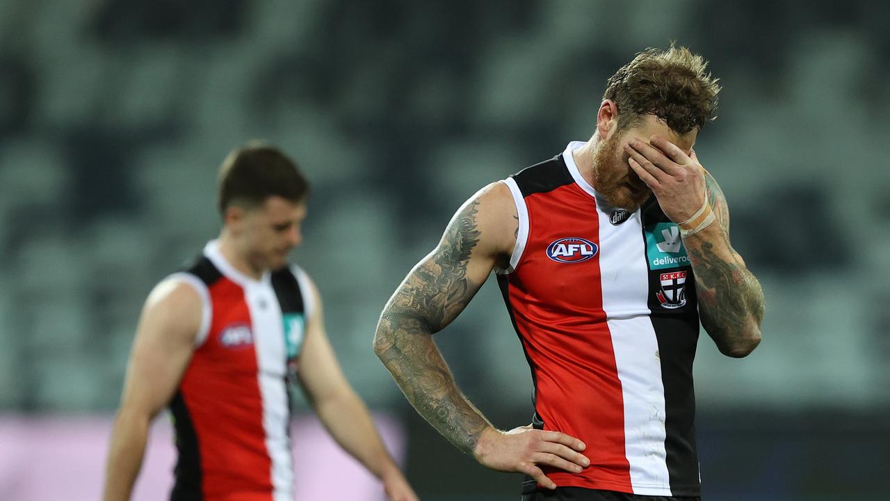 Tim Membrey looks dejected after the Saints were defeated by the Cats. Picture: Getty Images