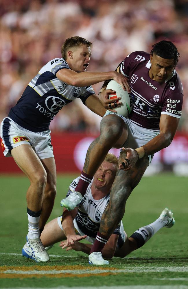 Haumole Olakau'atu of the Sea Eagles makes a break during the round one NRL match between Manly Sea Eagles and North Queensland Cowboys at 4 Pines Park, on March 08, 2025, in Sydney, Australia. (Photo by Cameron Spencer/Getty Images)