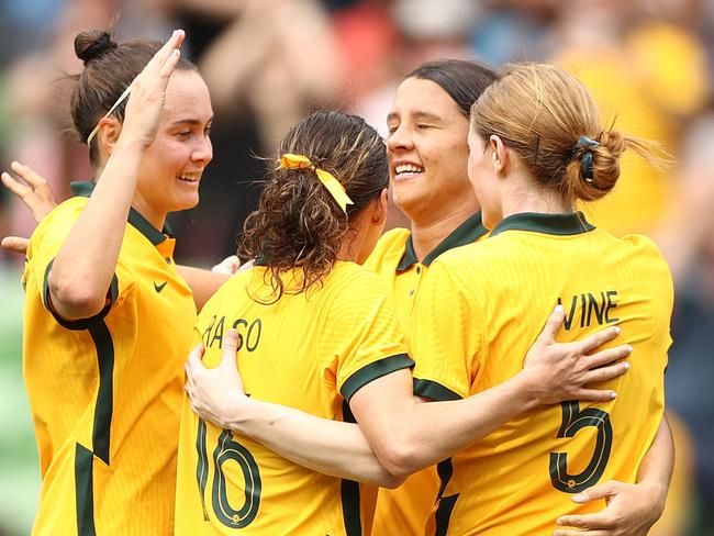 MELBOURNE, AUSTRALIA - NOVEMBER 12: Sam Kerr of the Matildas celebrates after scoring a goal during the International friendly match between the Australia Matildas and Sweden at AAMI Park on November 12, 2022 in Melbourne, Australia. (Photo by Robert Cianflone/Getty Images)