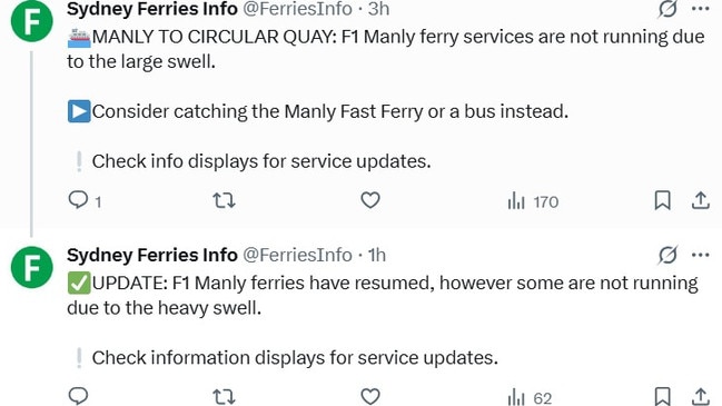 The Manly Ferry services has been disrupted this morning due to large swell. Picture: X