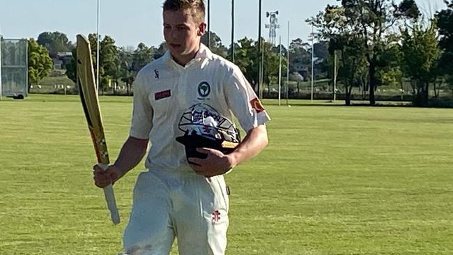 Corey Miller departs after a big innings for Northern Districts Cricket Club in 2020. Picture supplied.