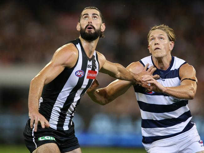 Brodie Grundy and Rhys Stanley do battle in 2019. Picture: Michael Klein.