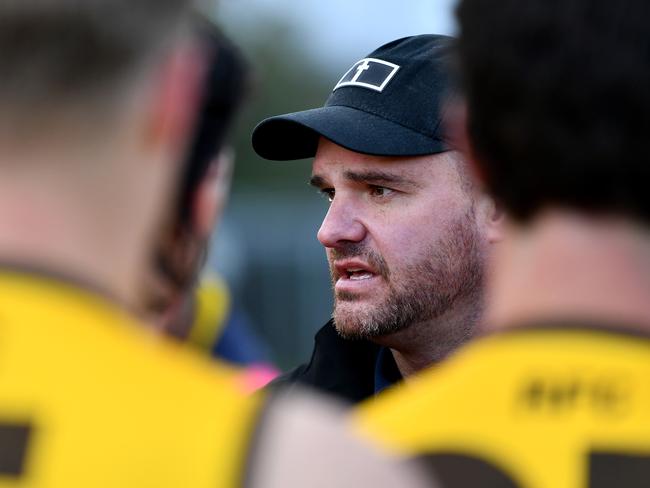 Ben Wise, Rowville Head Coach speaks to his players during the round eight EFNL Premier Eastland Senior Mens match between Rowville and East Ringwood at Seebeck Oval, on June 01, 2024, in Melbourne, Australia. (Photo by Josh Chadwick)