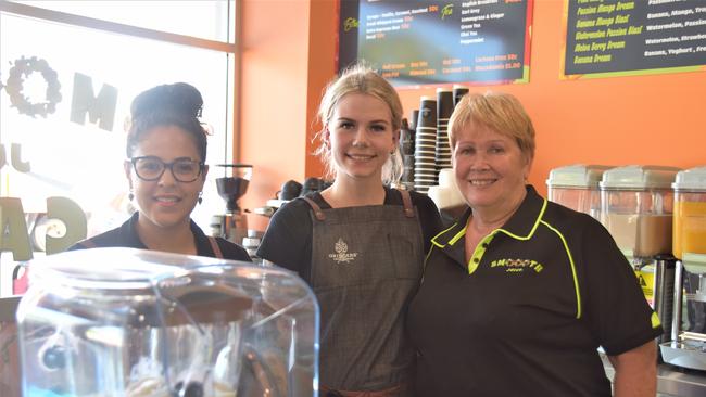 Smoooth Juice owner Sandra Rowcliffe with staff members Kiahnee Eggmolesse and Lauren Stevens. File photo from October 2020.