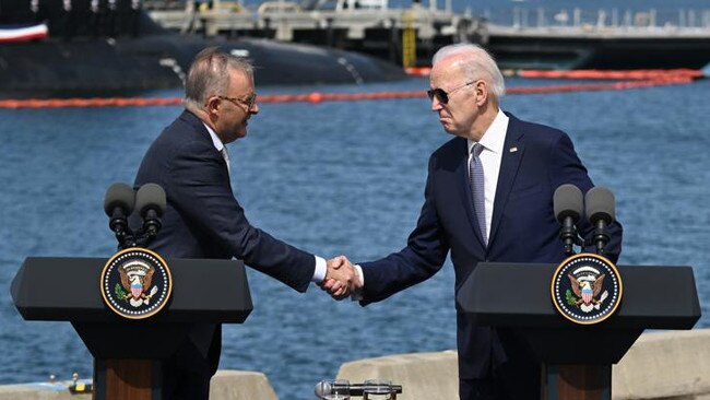 President Joe Biden and Anthony Albanese shake hands in San Diego