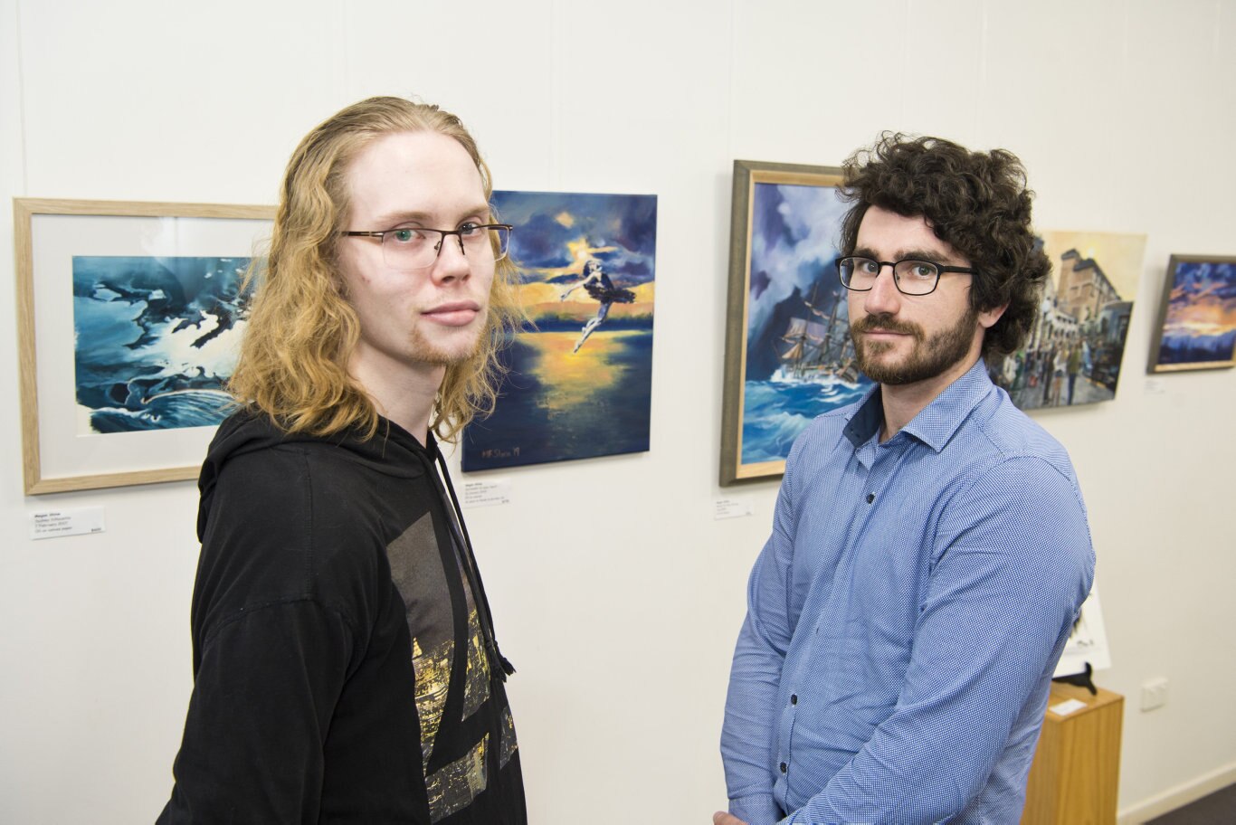 Ross Hay (left) and Josh Sargood at Synchronicity art exhibition featuring work by Ian Hay, Sandra Willis and Megan Shine at Culliford House, Saturday, November 2, 2019. Picture: Kevin Farmer