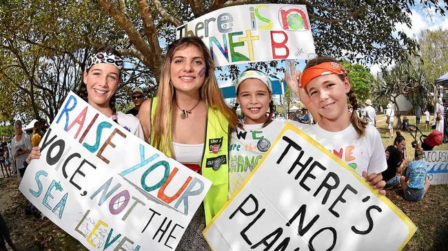 School students and community members gather at Peregrine Beach to tell our politicians to take all them seriously and start treating climate change for what it is: a crisis and the biggest threat to our generation and generations to come. (LtoR) Bridgette Cooper, organiser Shellie Joseph, Lilly Cooper and Summer Burton. Picture: Patrick Woods