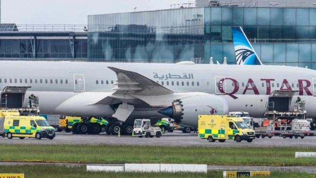 Emergency services met a Qatar Airways flight from Doha at Dublin Airport after severe turbulence caused injuries to 12 people on board. Picture: X