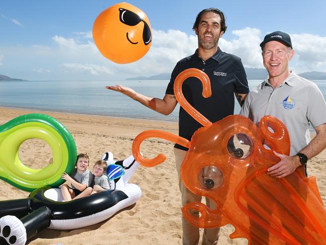 Brendan Cook, general manager Townsville Airport and his two boys Linc, 4, and Reed, 7, with Darrell Spearman, general manager Sealink NQ, ahead of the Townsville Airport Father's Day at Picnic Bay. Picture: Shae Beplate.