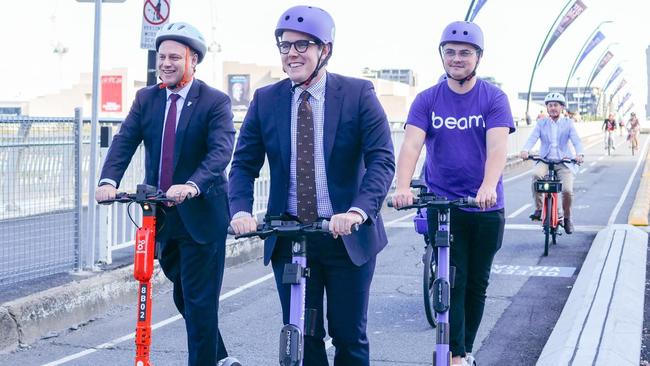 Brisbane Lord Mayor Adrian Schrinner and Councillor Ryan Murphy test out Beam and Neuron e-scooters in June 2021. Picture: Facebook