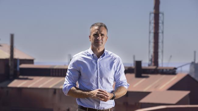 Premier Peter Malinauskas stands on Hummock Hill Lookout in Whyalla, overlooking the Whyalla Steelworks. Picture: Brett Hartwig